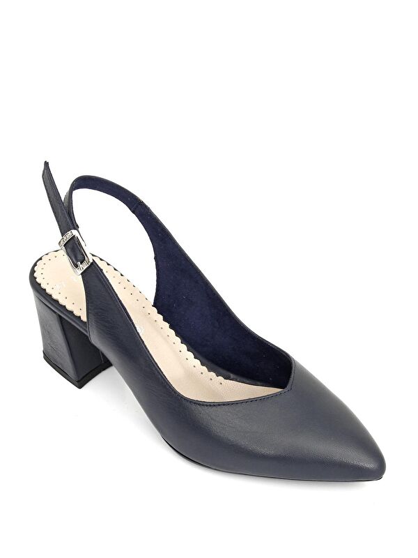 LACİVERT Hakiki Deri Sivri Burun Orta Kalın Topuklu Arkası Açık Kadın Yazlık Ayakkabı 24118 - Görsel 6