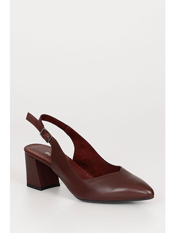 BORDO Hakiki Deri Sivri Burun Orta Kalın Topuklu Arkası Açık Kadın Yazlık Ayakkabı 24118 - Görsel 6