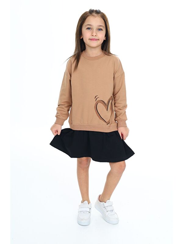 Toontoykids Kız Çocuk Baskılı Relax Fit Bisiklet Yaka Uzun Kollu Elbise - Renk Bloklu