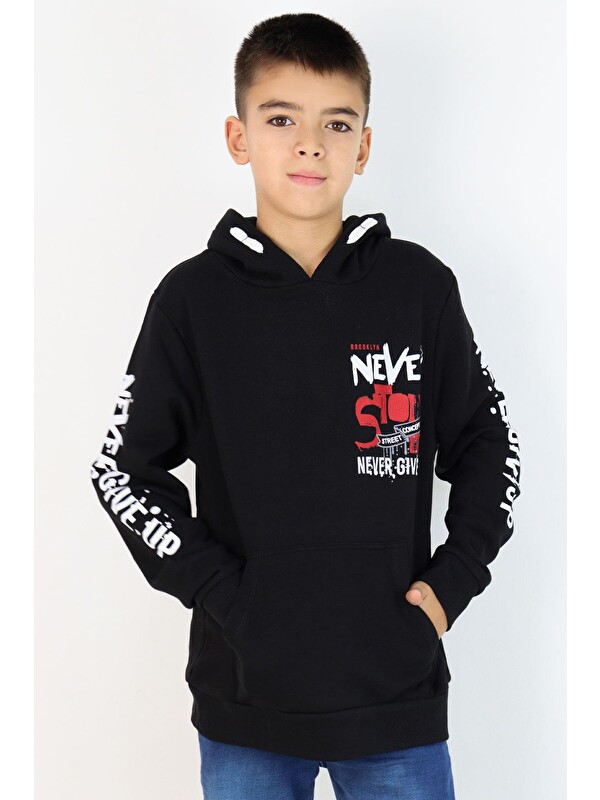 Breeze Erkek Çocuk Sweatshirt Kanguru Cepli Kapüşonlu Siyah (9-16 Yaş)