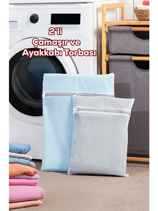 Porsima 2li Çamaşır Yıkama Filesi Fermuarlı Bölmeli Ayakkabı Yıkama Filesi Deforme Önleyici Torba