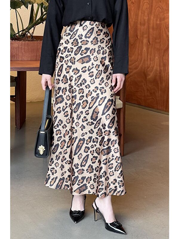 Lamelif Saten Pamuklu Leopar Etek Camel