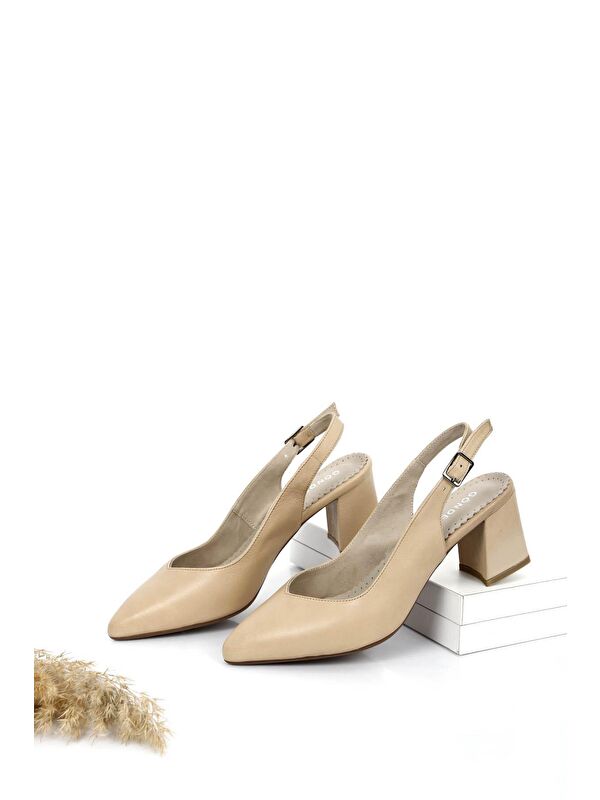 NUDE Hakiki Deri Sivri Burun Orta Kalın Topuklu Arkası Açık Kadın Yazlık Ayakkabı 24118 - Görsel 3