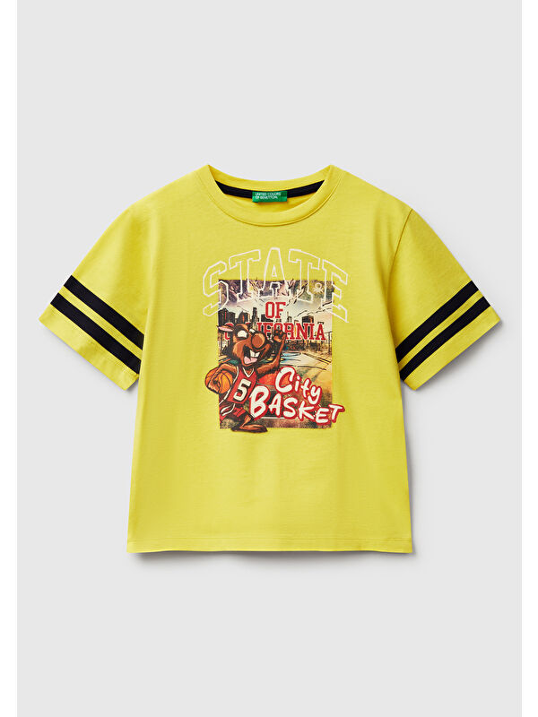 United Colors Of Benetton Erkek Çocuk Sarı Fotoğraf Baskılı Kolu Çizgili Oversize T-Shirt