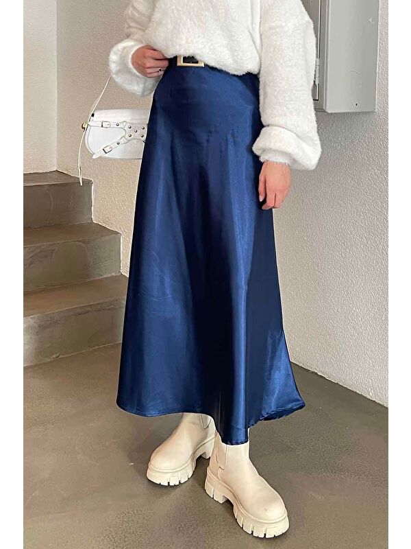 Lamelif Düz Saten Çan Etek Saks Mavisi