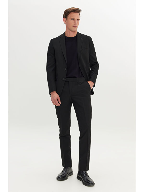 AC&Co / Altınyıldız Classics Erkek Siyah Slim Fit Dar Kesim Mono Yaka Gofre Desenli Takım Elbise