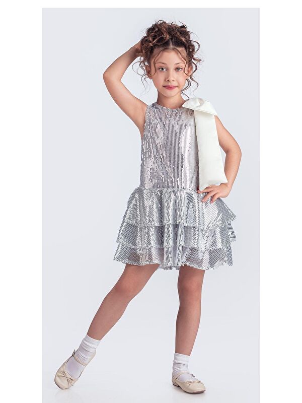Mnk Baby & Kids Yaka Fiyonk Pul Payet Kumaşlı Kız Çocuk Abiye Elbise M00702