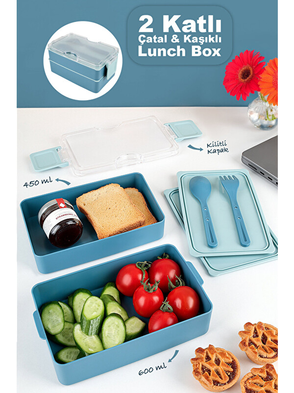 Meleni Home 2 Katlı Kilitli Beslenme Kabı - Kendinden Çatal Kaşıklı Lunch Box Beslenme Kutusu Saklama Kabı Mavi