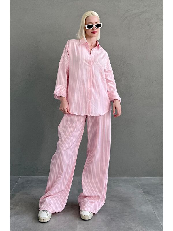 Madmext Pembe Çizgili Gömlek Pantolon Kadın Takım Mg2457