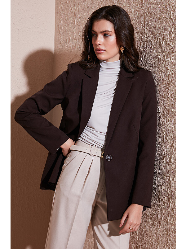 Lela Standart Fit Mono Yaka Desenli Astar Detaylı Blazer Kadın Ceket 6524003