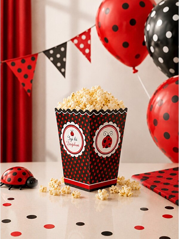 Parti Adresi Uğur Böceği Temalı Karton Mısır Kutusu Popcorn Kutusu 8'li