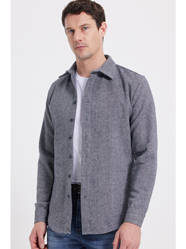 TUDORS Erkek Slim Fit Dar Kesim Uzun Kollu Düz Kışlık Oduncu Gri Gömlek