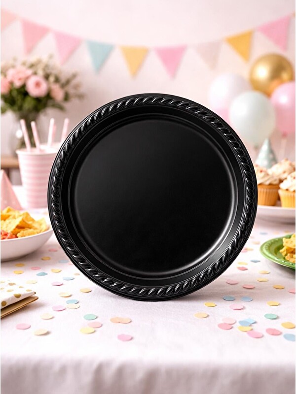 Parti Adresi Plastik Tabak Doğum Günü Parti Tabağı Siyah 21 cm 25'li