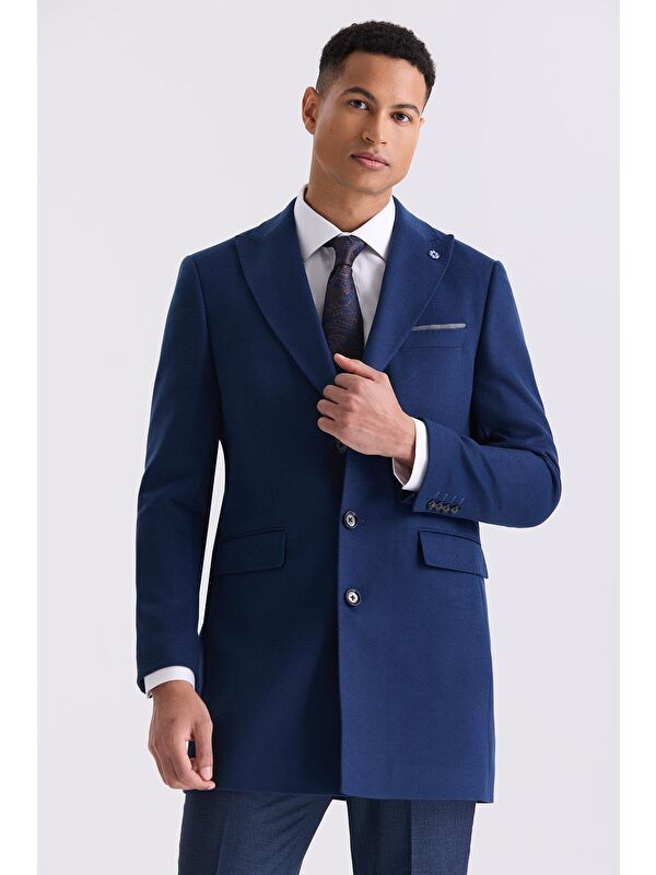 JAKAMEN Koyu Lacivert Slim Fit Sivri Yaka Kaban