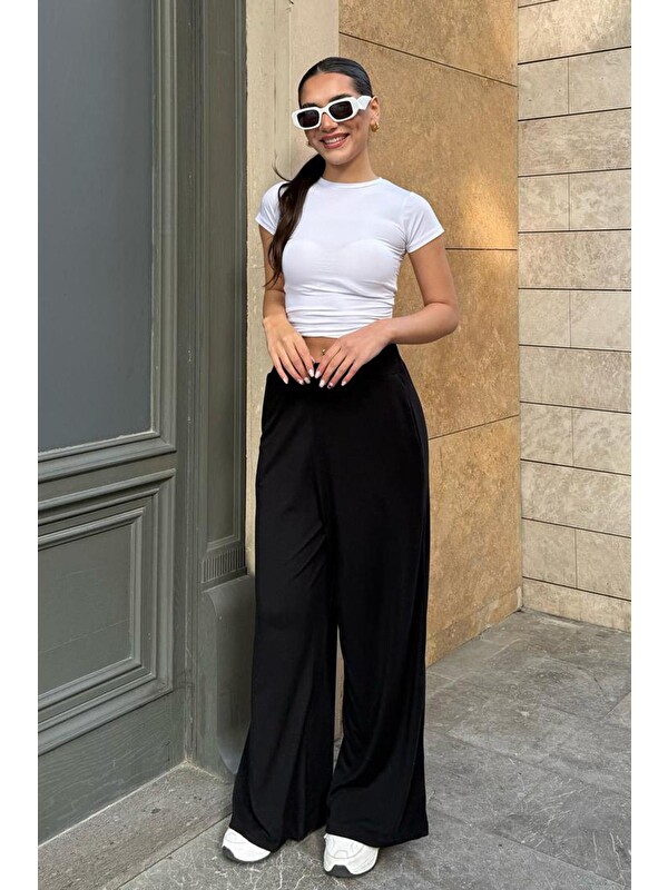 Madmext Siyah Yüksek Bel Rahat Kesim Geniş Paça Kadın Pantolon Mg2309