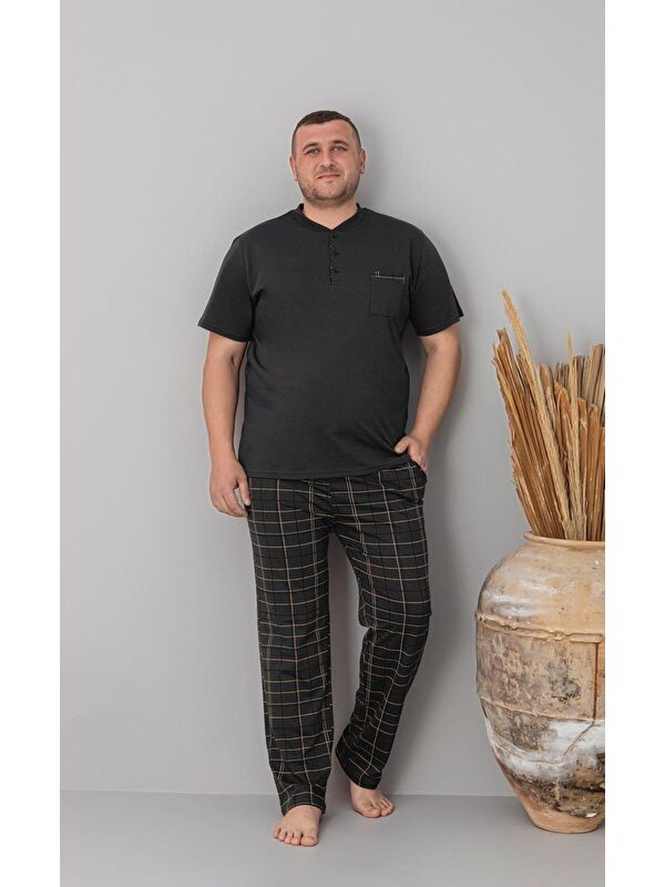 Formo Erkek %100 Organik Pamuk Ekose Kısa Kollu Düğmeli Doğal Battal Pijama Takımı