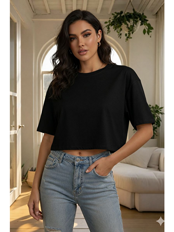Tarz Cool Kadın Siyah Bisiklet Yaka Oversize Crop Tişört - %100 Pamuklu Basic Kısa Kol