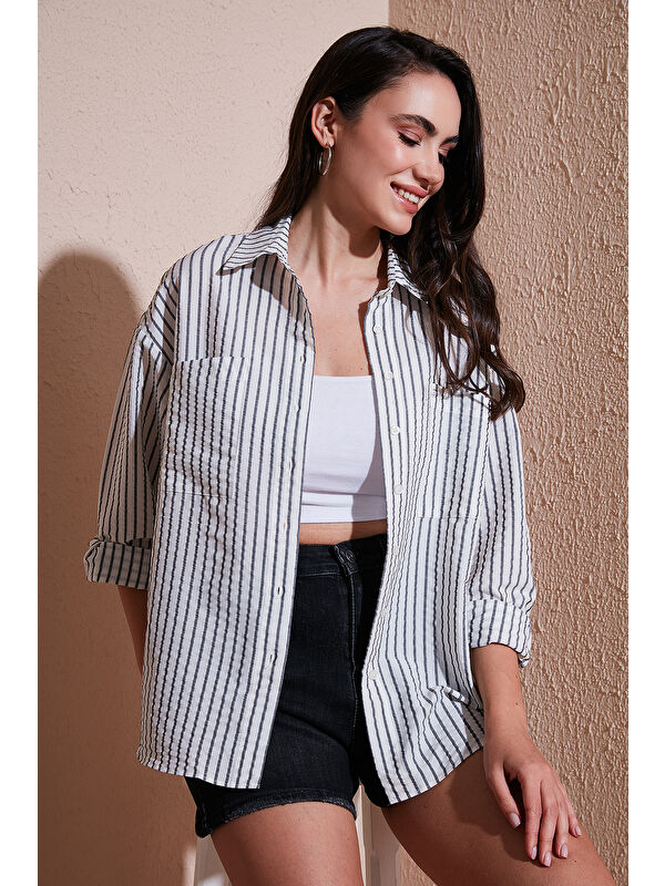 Lela Regular Fit Uzun Kollu Çizgili Kadın Gömlek 6772875