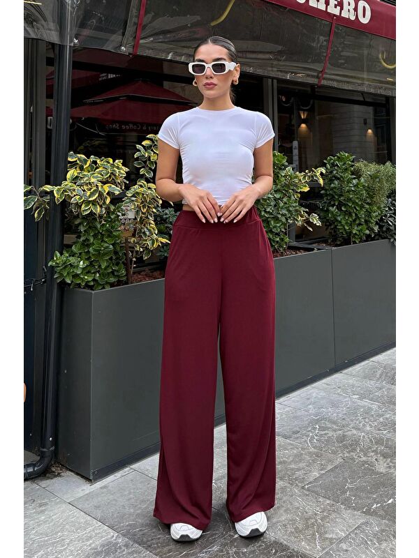 Madmext Bordo Yüksek Bel Rahat Kesim Geniş Paça Kadın Pantolon Mg2309