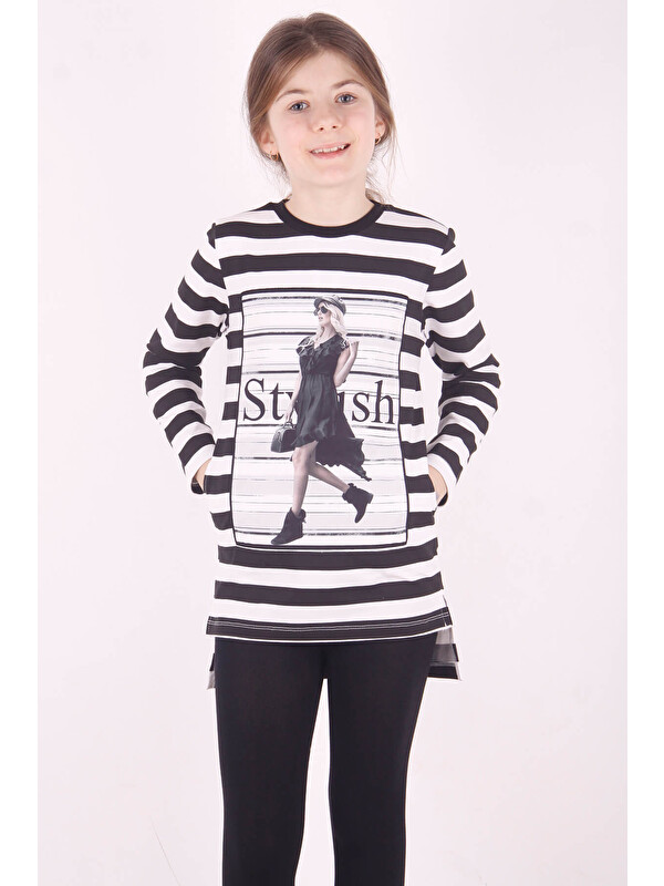 Toontoykids Kız Çocuk Çizgili Kız Baskılı Tişört