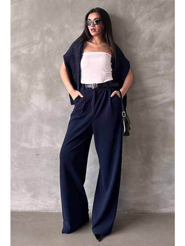 Madmext Lacivert Çift Pileli Kemerli Pantolon Mg2330
