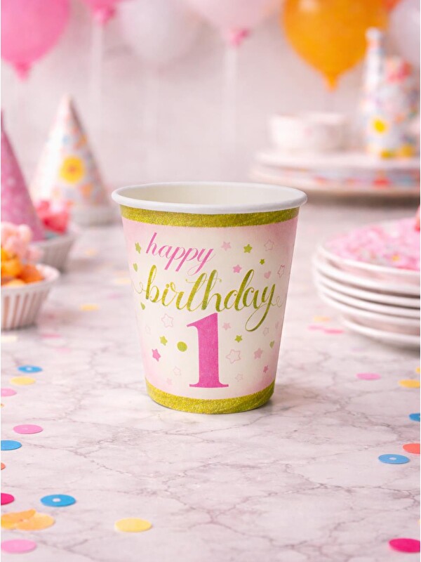 Parti Adresi Happy Birthday 1 Yaş Karton Bardak Pembe – Doğum Günü Parti Bardağı 8 Adet