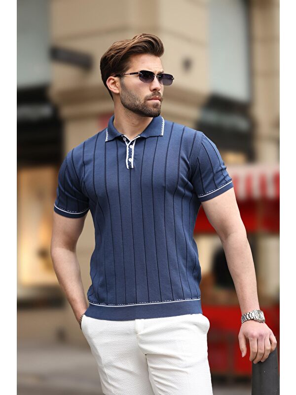 Madmext Lacivert Düğmeli Polo Yaka Triko Erkek Tişört E7408