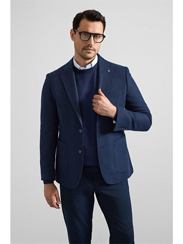 Süvari Lacivert Slim Mono Yaka Torba Cep 6 Drop Klasik Ceket
