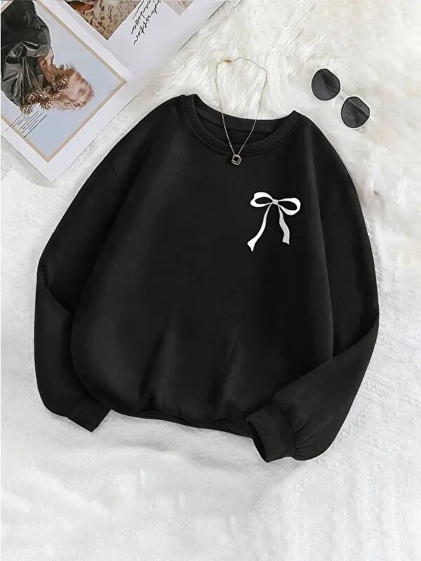 carla10 Minimal Fiyonk Baskılı Üç İplik Siyah Sweatshirt