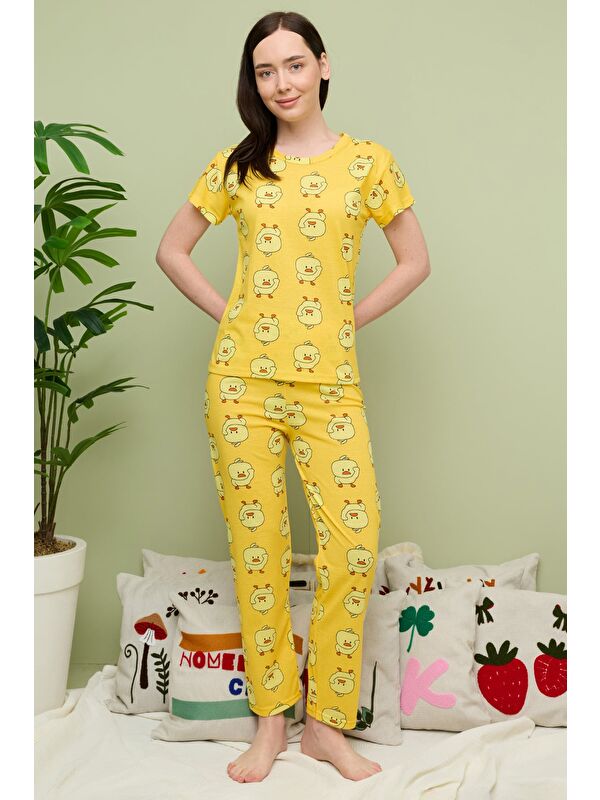 Fullamoda Kalp Desenli Bisiklet Yaka Kısa Kollu Pijama Takımı