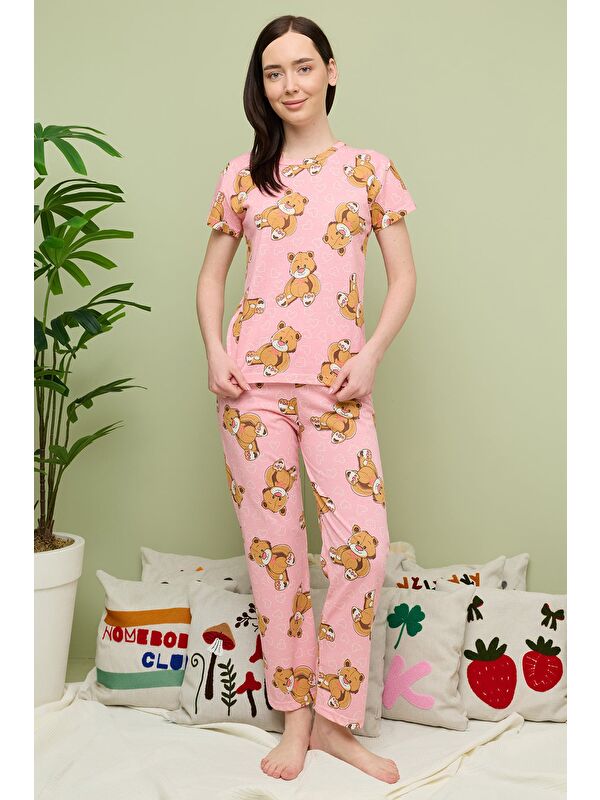 Fullamoda Kalp Desenli Bisiklet Yaka Kısa Kollu Pijama Takımı