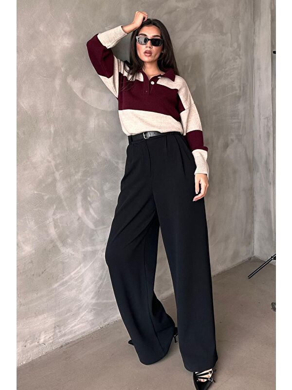 Madmext Siyah Çift Pileli Kemerli Pantolon Mg2330
