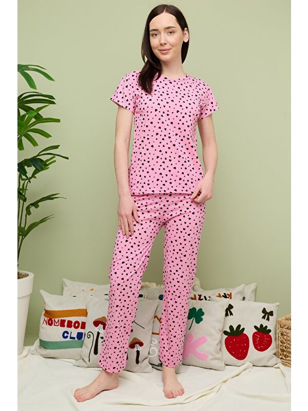 Fullamoda Kalp Desenli Bisiklet Yaka Kısa Kollu Pijama Takımı