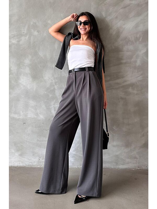 Madmext Füme Çift Pileli Kemerli Pantolon Mg2330