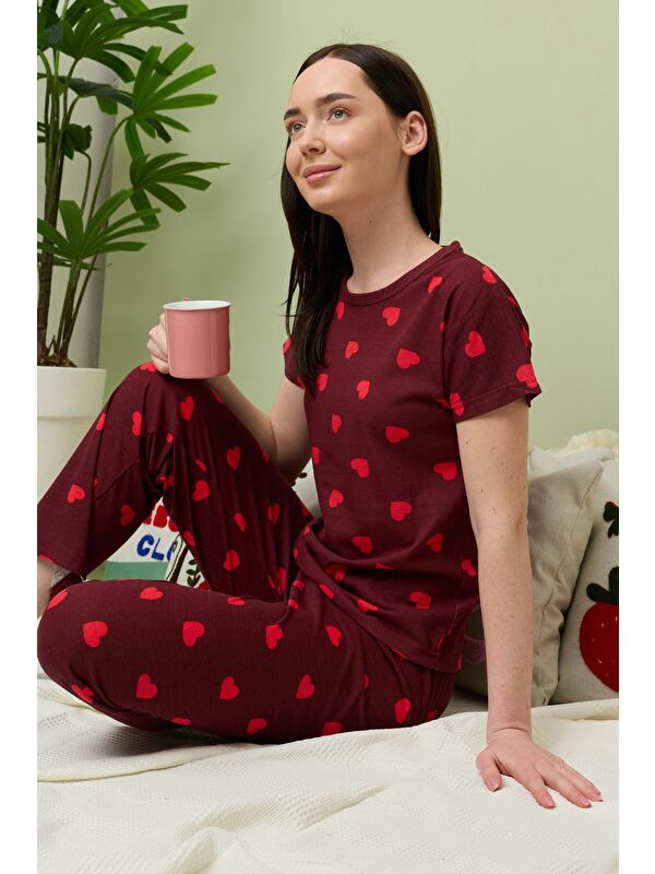 Fullamoda Kalp Desenli Bisiklet Yaka Kısa Kollu Pijama Takımı