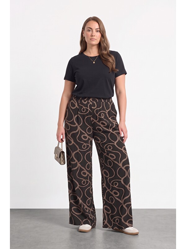 Stil Diva Bol Paça Cepli Zincir Desenli Penye Pantolon