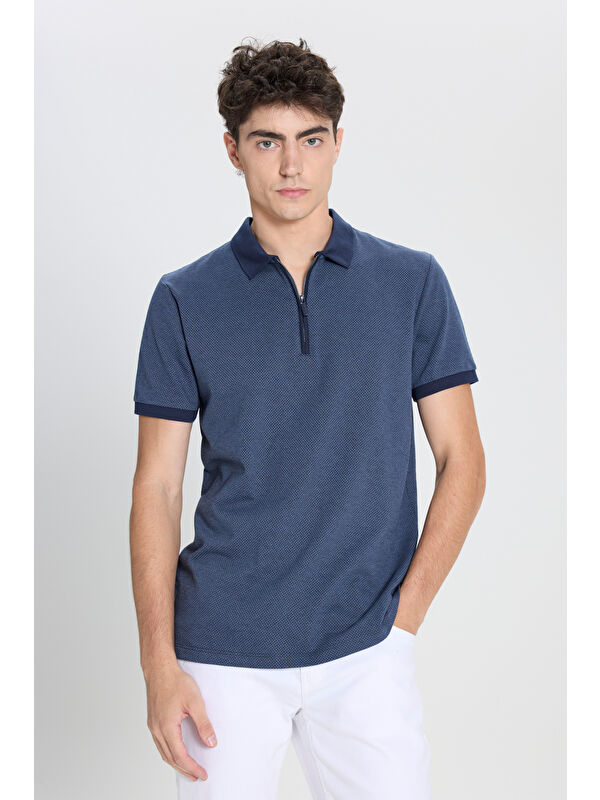 Altınyıldız Classics Erkek Lacivert Slim Fit Dar Kesim Polo Yaka Jakarlı Tişört