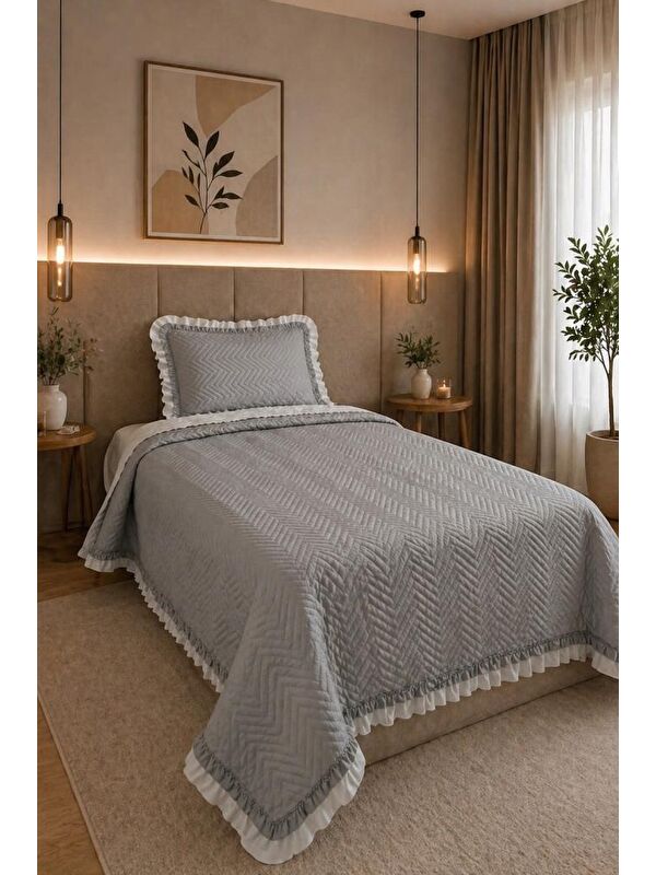 Çeyiz Diyarı Gonca Çift Taraflı Tek Kişilik Yatak Örtüsü 180x240 Gri