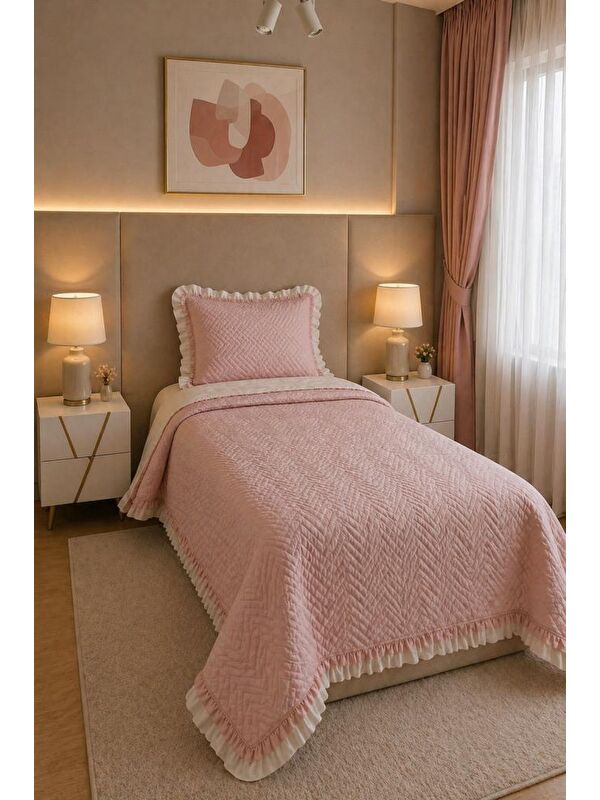 Çeyiz Diyarı Gonca Çift Taraflı Tek Kişilik Yatak Örtüsü 180x240 Pudra