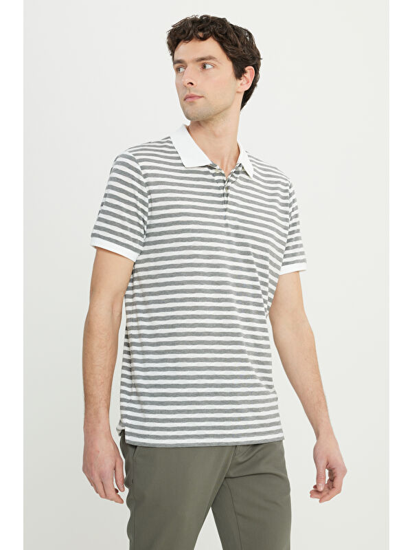 Altınyıldız Classics Erkek Beyaz-Gri Slim Fit Dar Kesim Polo Yaka Esnek Tişört