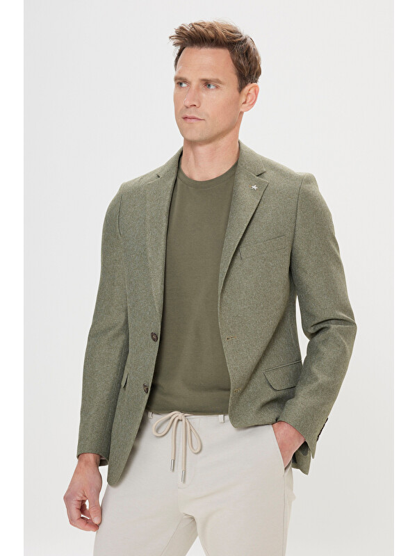 Altınyıldız Classics Erkek Yeşil  Dar Kesim Mono Yaka Desenli Blazer Ceket
