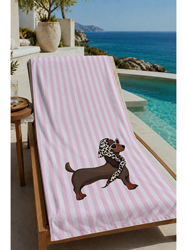 Milbay Grup Milbay Grup Gri Pembe Çizgili Leopar Figürlü 70x150 Cm Dijital  Plaj Ve Banyo Havlusu-37484
