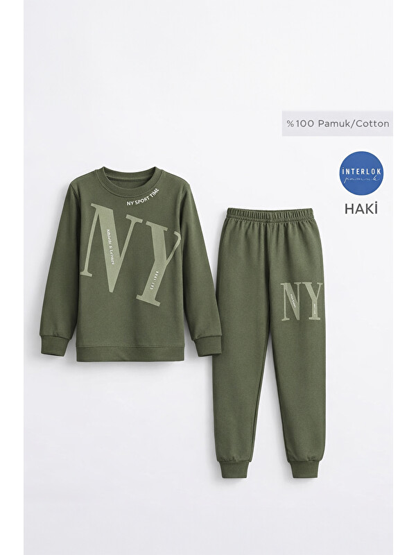 Remsa Erkek Çocuk Garson Boy Manşetli Pamuk Penye Pijama Takımı 4104 Haki01