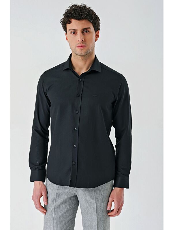 İMZA Siyah Uzun Kollu Oxford Cepsiz Pamuklu Klasik Slim Fit Dar Kesim Gömlek 1004240235