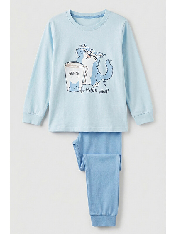 Remsa Kız Çocuk Pamuklu Desenli Pijama Takımı 8411 Buz Mavi