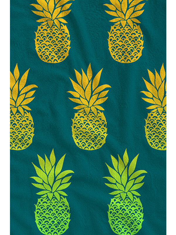 Milbay Grup Yeşil Zemin Sarı Ananas Desenli 70x150 cm Dijital Baskılı Plaj ve Banyo Havlusu