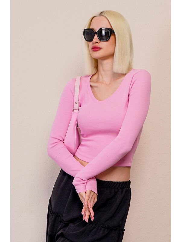 Madmext Pembe V Yaka Uzun Kollu Kaşkorse Body Mg2192