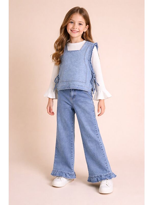 Cansın Mini Mavi Geniş Paça Pantolonlu Taş Detaylı 3lü Kız Çocuk Jean Takım 23740