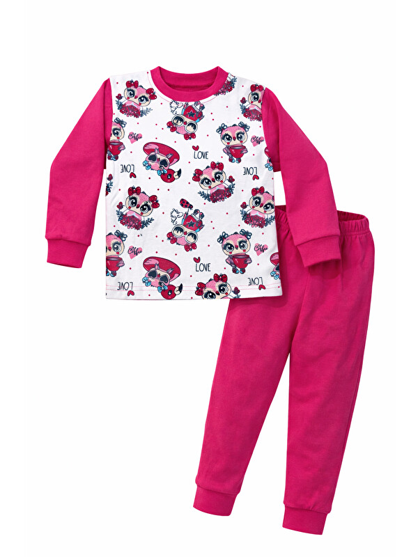 Remsa Kız Çocuk Pamuklu Desenli Pijama Takımı 6068-14 Fuşya01
