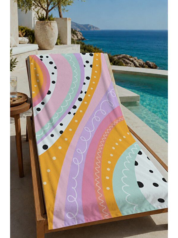 Milbay Grup Pastel Sarı Pembe Dalgalı Şerit ve Nokta Desenli 70x150 cm Dijital Baskılı Plaj ve Banyo Havlusu